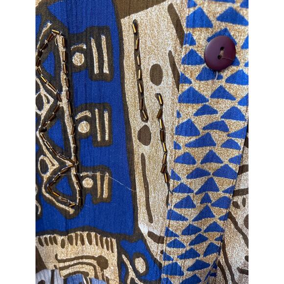 VTG Audrey Jones Beaded  Boho Tribal Print Brown & Blue Oversized Button Up 1X - Picture 9 of 14